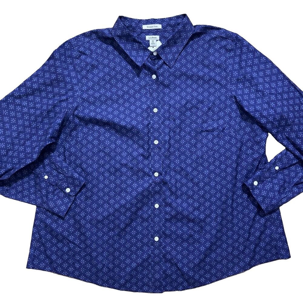 LL Bean Pinpoint Oxford Shirt Women’s 2X Navy Blue Wrinkle Free Long Sleeve NWT